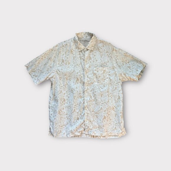 Caribbean Shirt Mens Large Beige White Linen Short Sleeve Floral Tropical Button - Picture 2 of 8